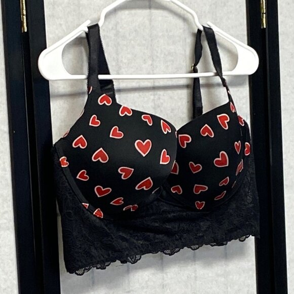 Daisy Fuentes Lace Long Line Hearts on Black Padded Underwire Bra Black Red 38DD - Picture 2 of 13